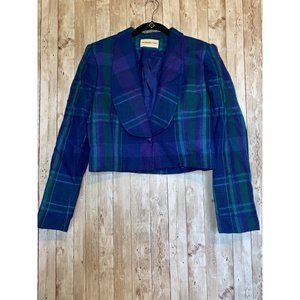 Vintage Tanner Sport Wool Blue Green Plaid Cropped Button Blazer Size 10